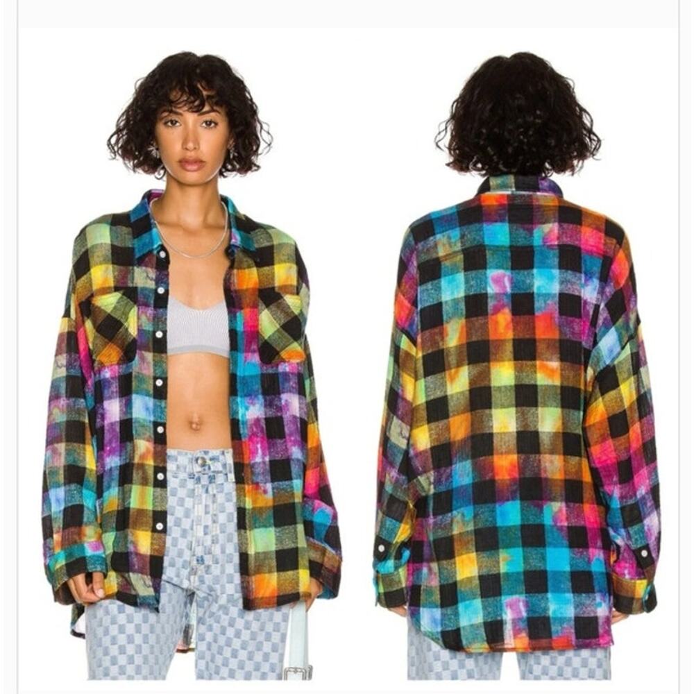 R13 Sz XXS Oversized Drop Neck Shirt Top Rainbow Plaid